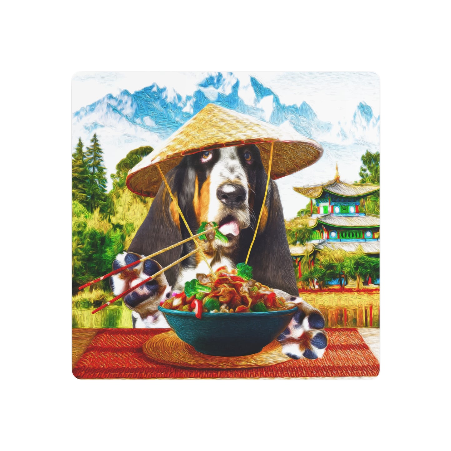 Basset Eating Chinese Food - Metal Art Sign