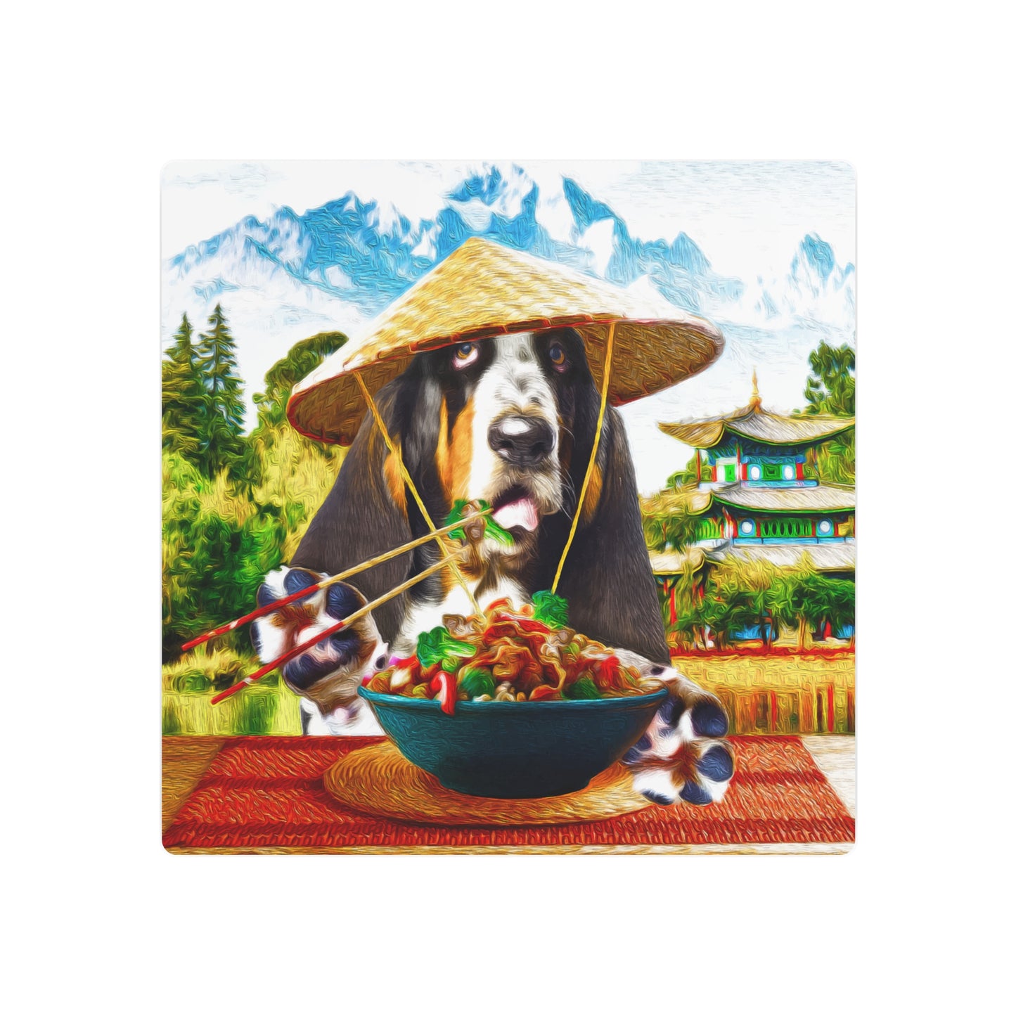 Basset Eating Chinese Food - Metal Art Sign