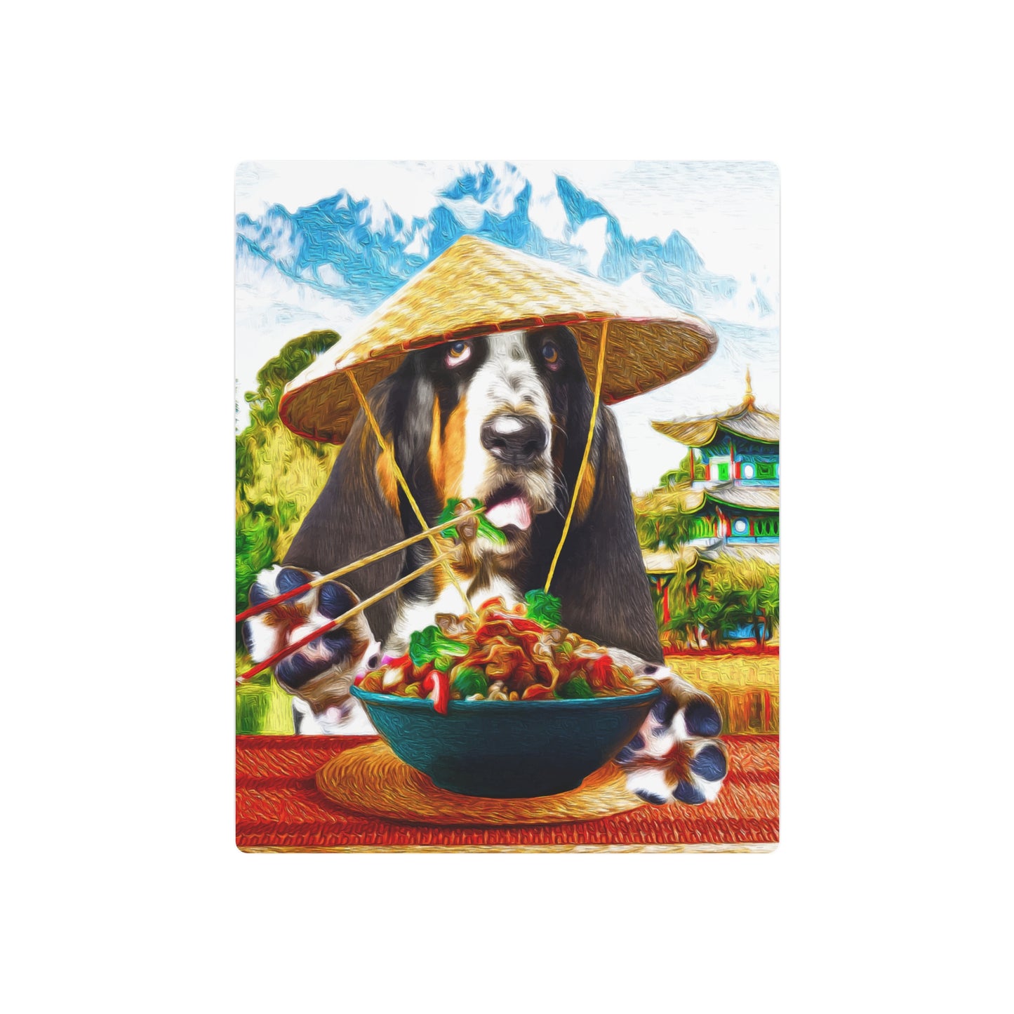 Basset Eating Chinese Food - Metal Art Sign