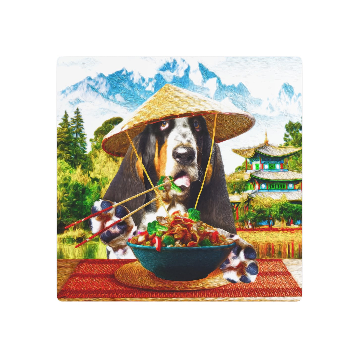 Basset Eating Chinese Food - Metal Art Sign