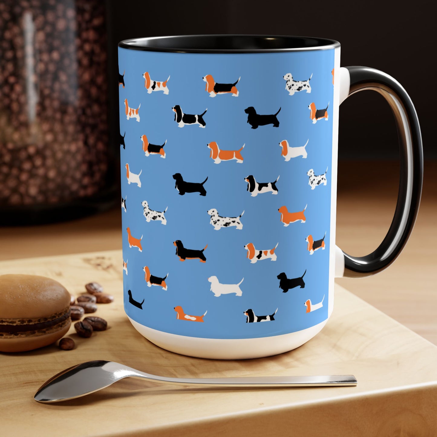 Basset Hound Pattern (Light Blue) - Two-Tone Coffee Mugs, 15oz