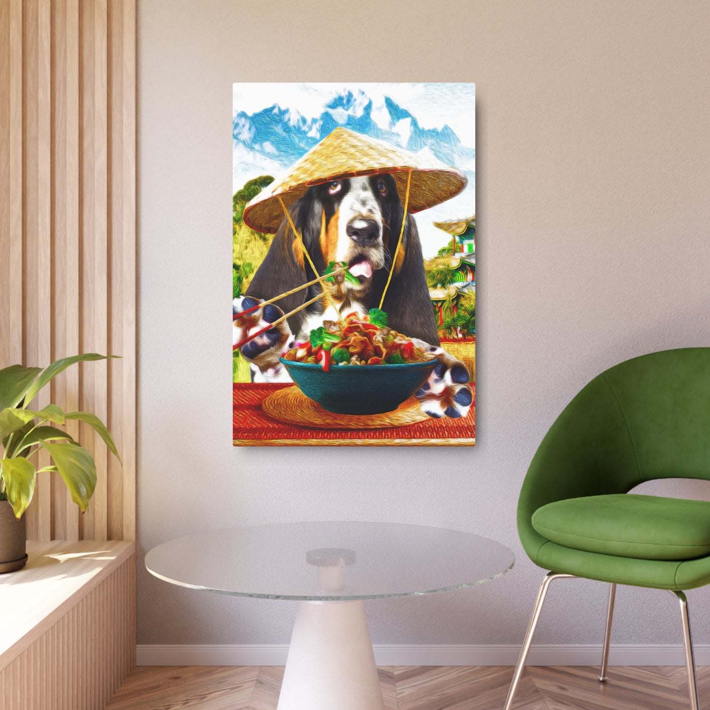 Basset Eating Chinese Food - Metal Art Sign