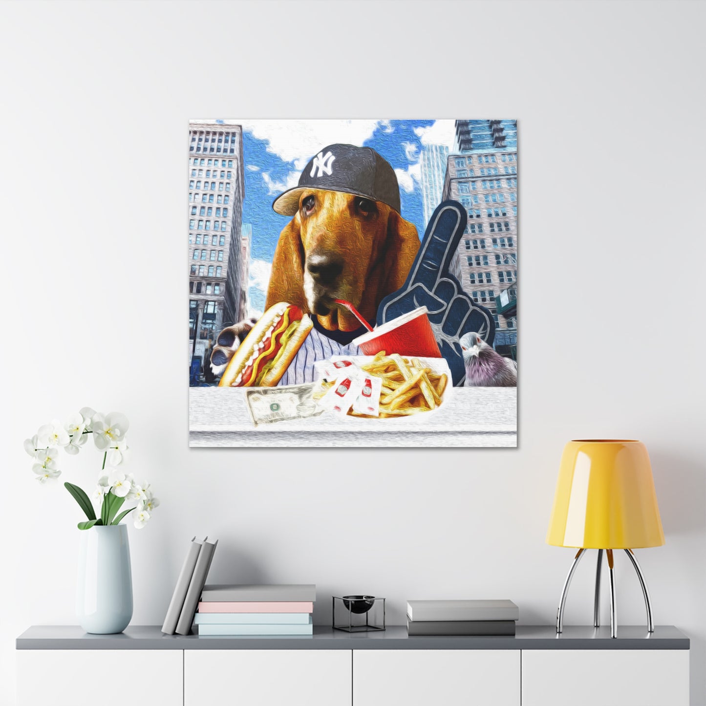 Hound Having A Hot Dog in The City - Canvas Gallery Wraps