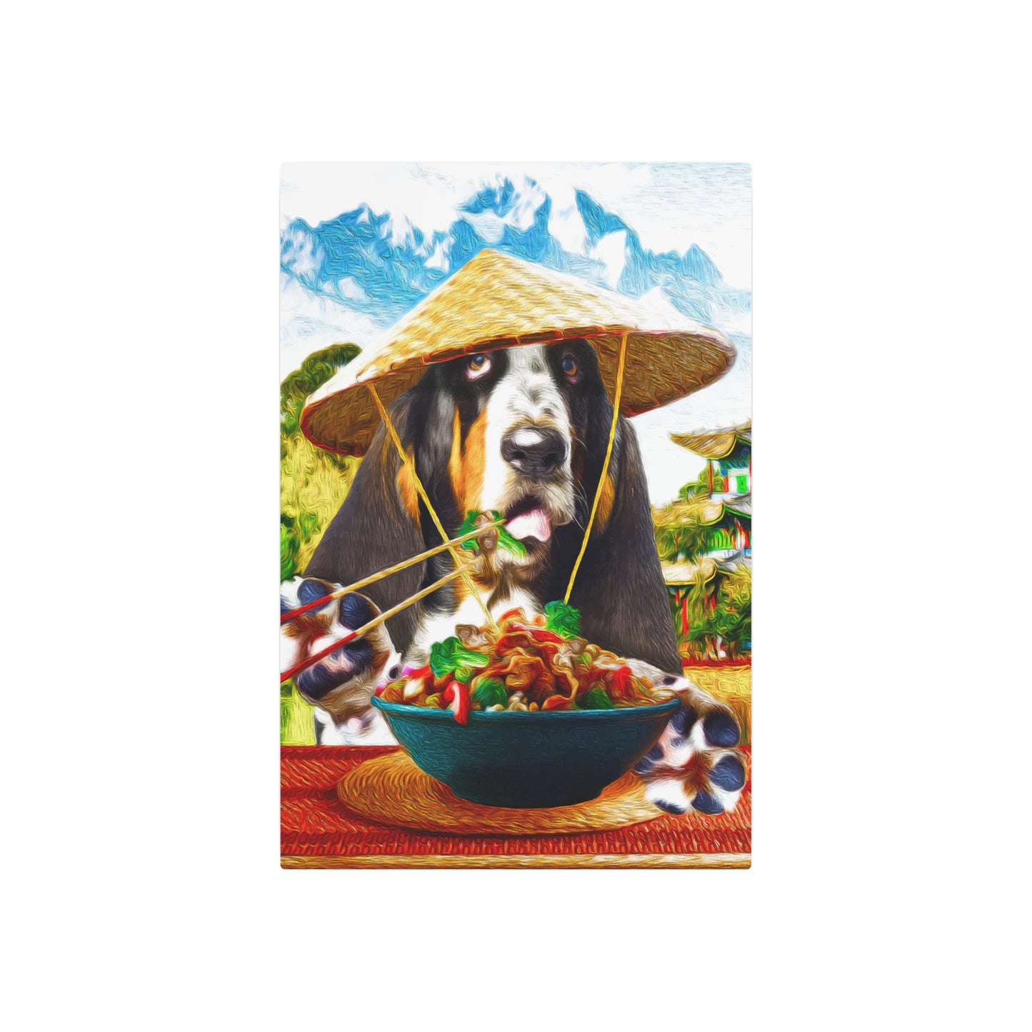 Basset Eating Chinese Food - Metal Art Sign