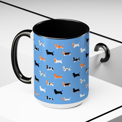 Basset Hound Pattern (Light Blue) - Two-Tone Coffee Mugs, 15oz