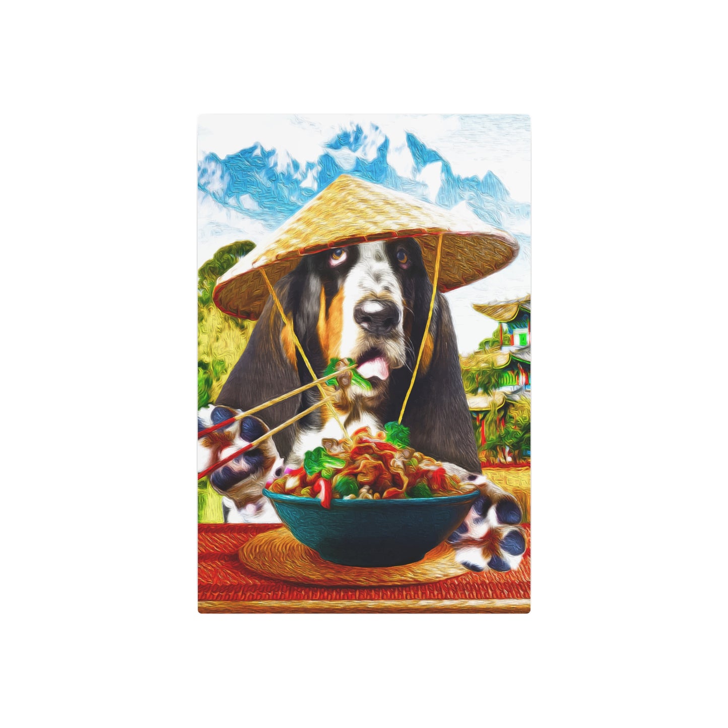 Basset Eating Chinese Food - Metal Art Sign